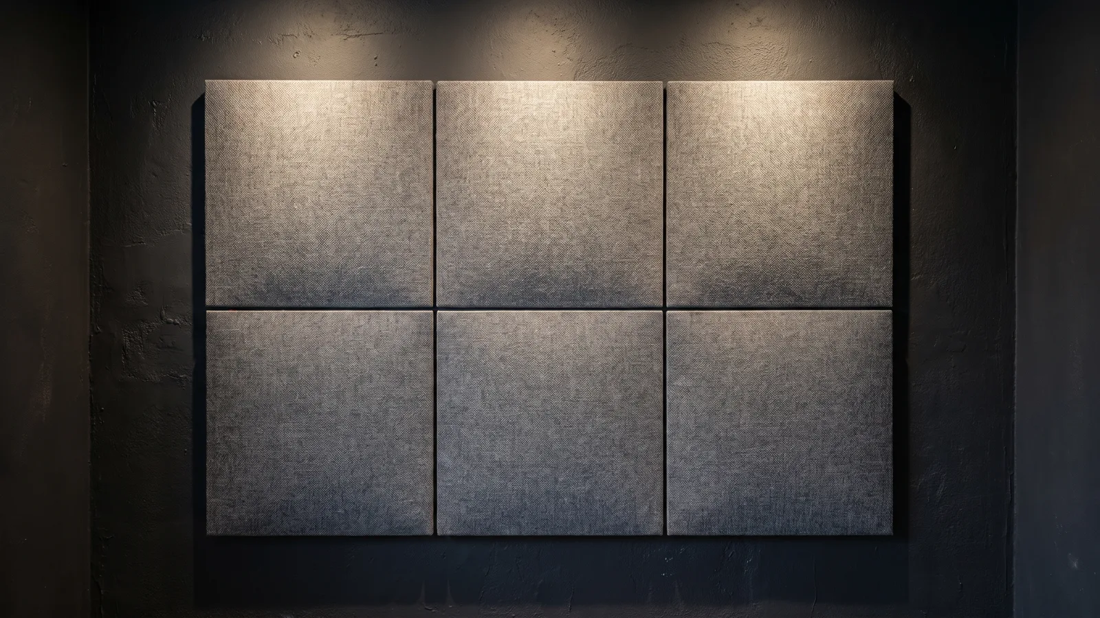 Grijze vilten akoestische panelen in een raster op een donkere wand