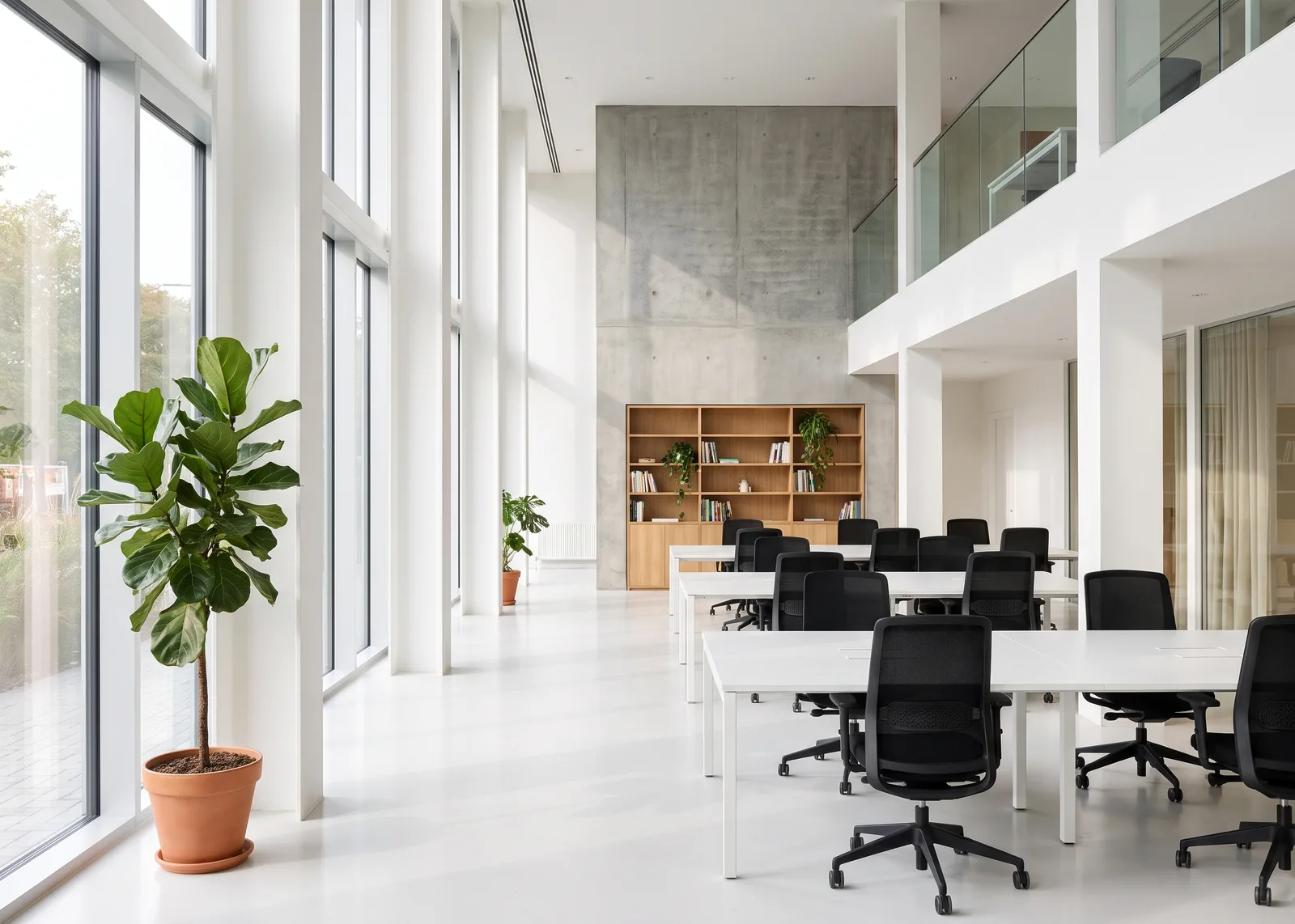 Licht kantoor met dubbele hoogte, witte bureaus, grote ramen en een betonnen accentwand