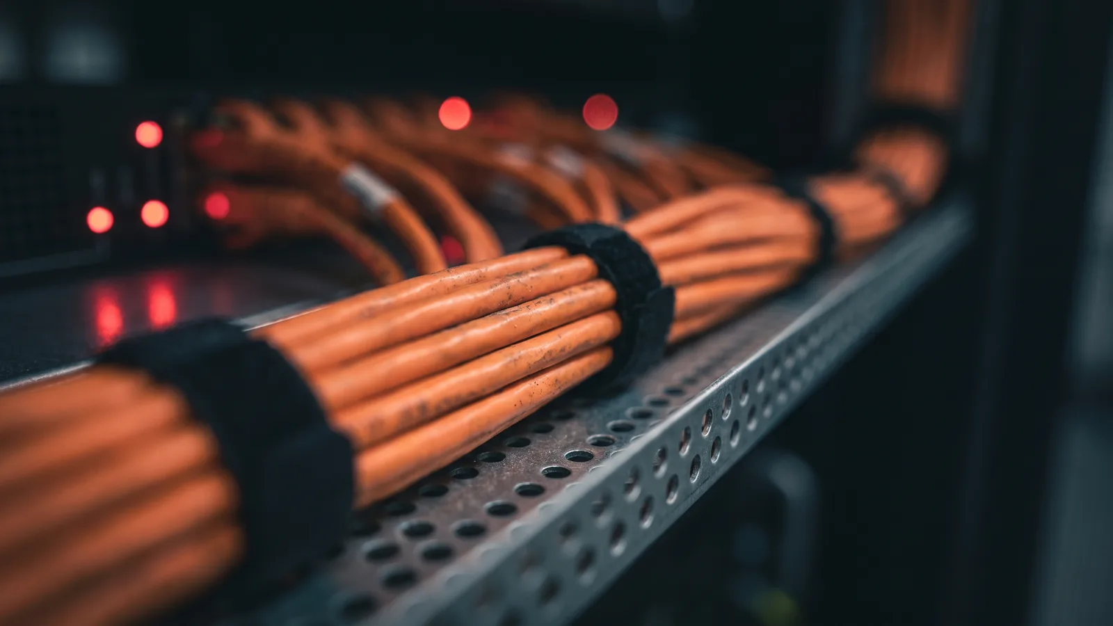 Gebundelde oranje netwerkkabels in een geperforeerde kabelgoot in een serverkast
