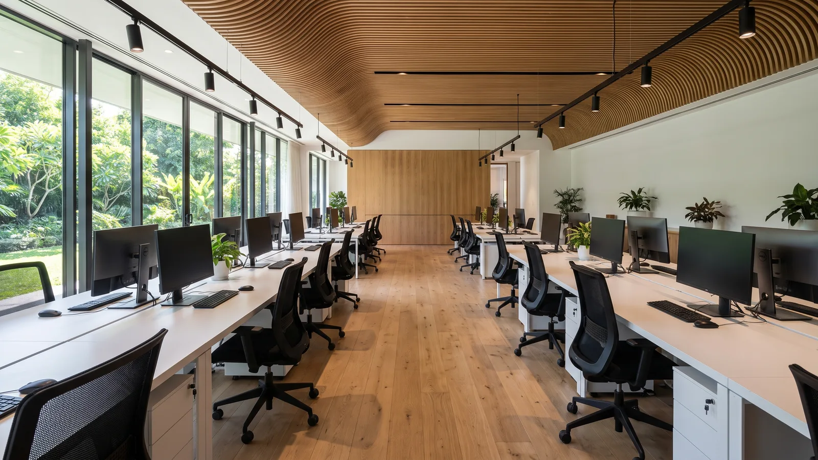 Lange open kantoorvloer met witte bureaus, zwarte stoelen en een golvend houten lamellenplafond