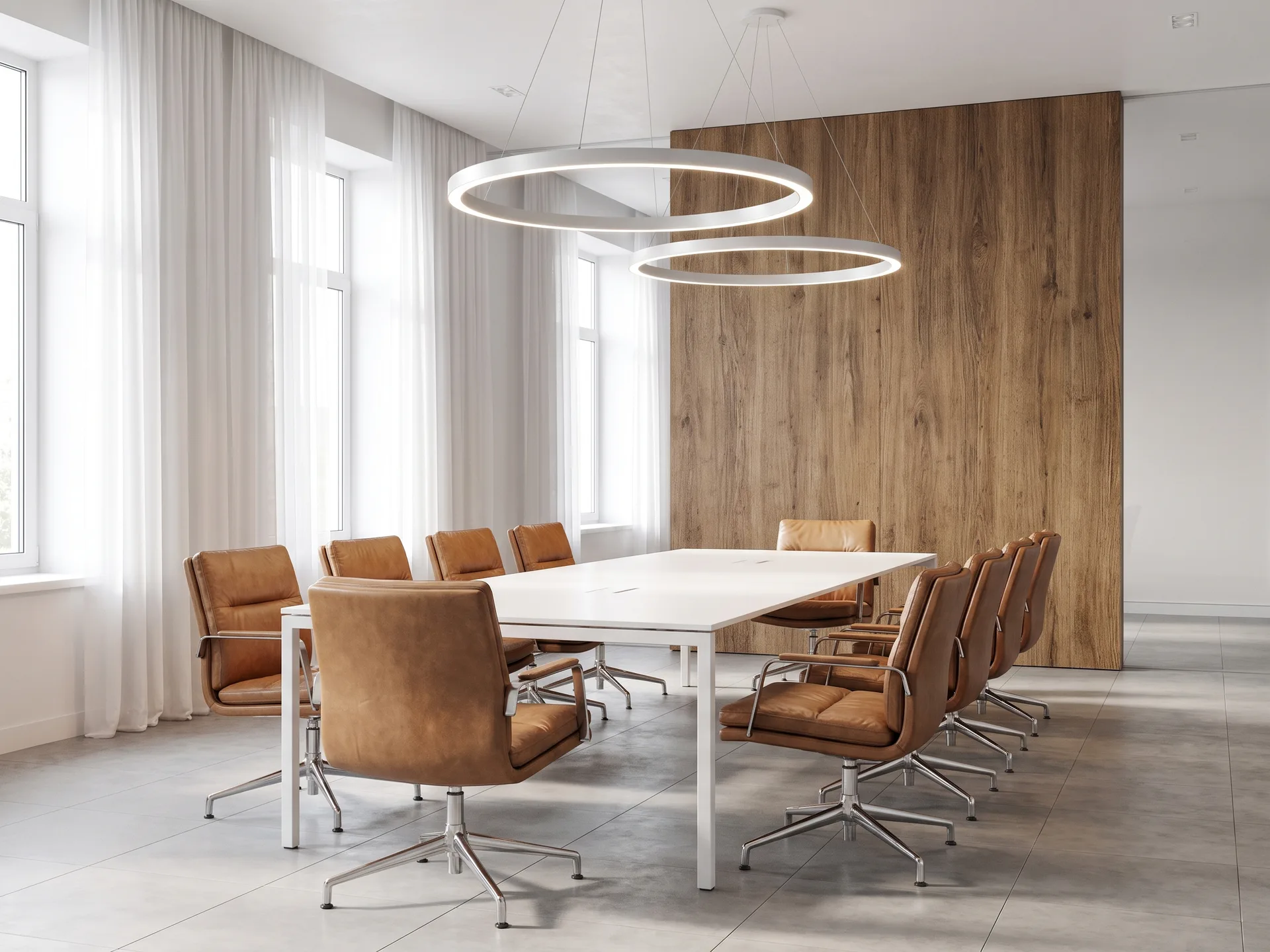 Witte vergadertafel met cognac leren stoelen onder twee ringvormige LED-hanglampen